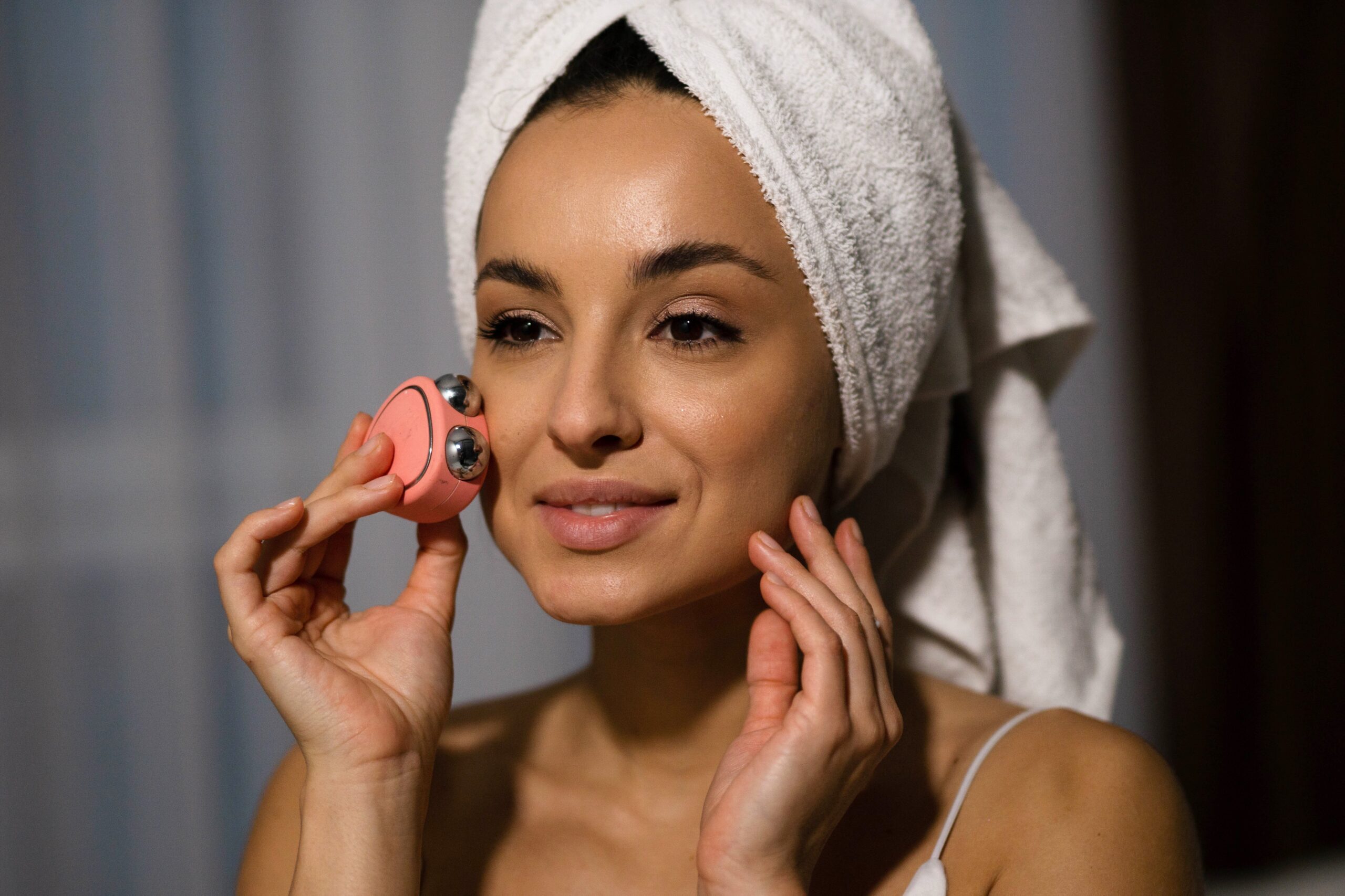 Woman with a towel on her hair.