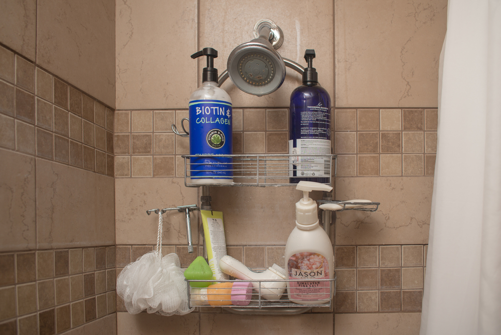 Bath products in the shower.