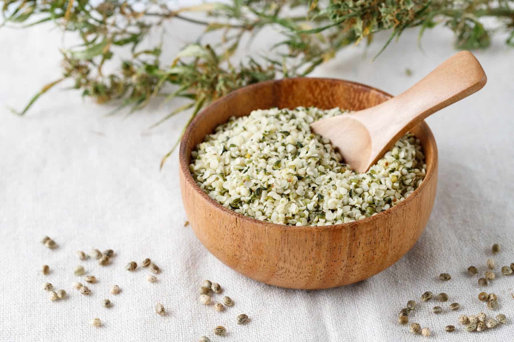 Shelled hemp seeds in a bowl.