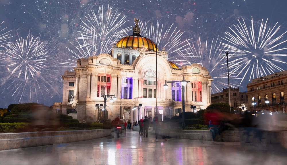 Mansion with fireworks in the sky