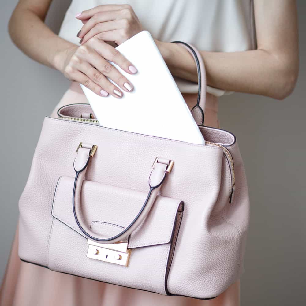 A pink leather handbag.
