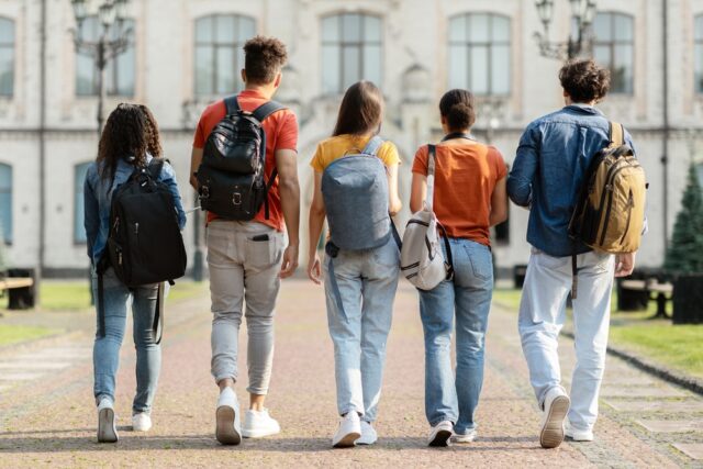 Students walking on campus.