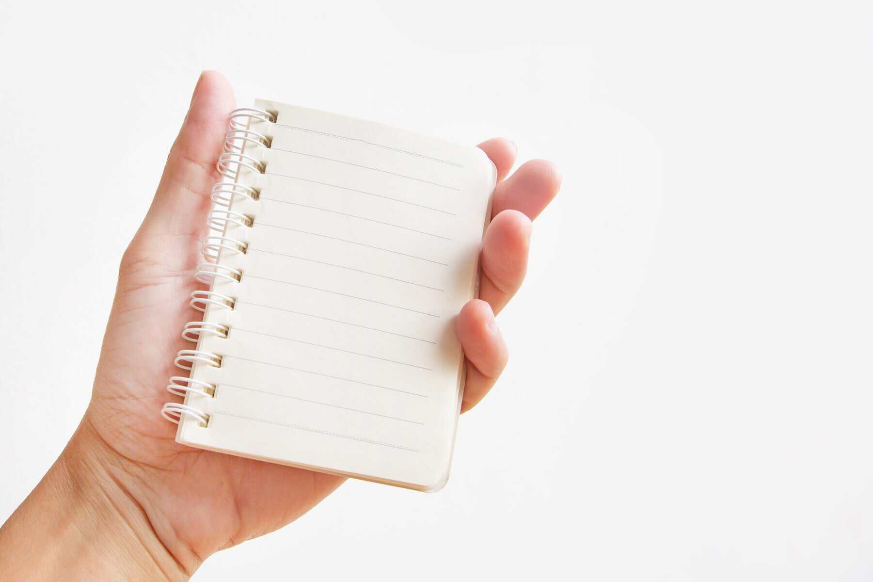 Hand holding a mini notebook.