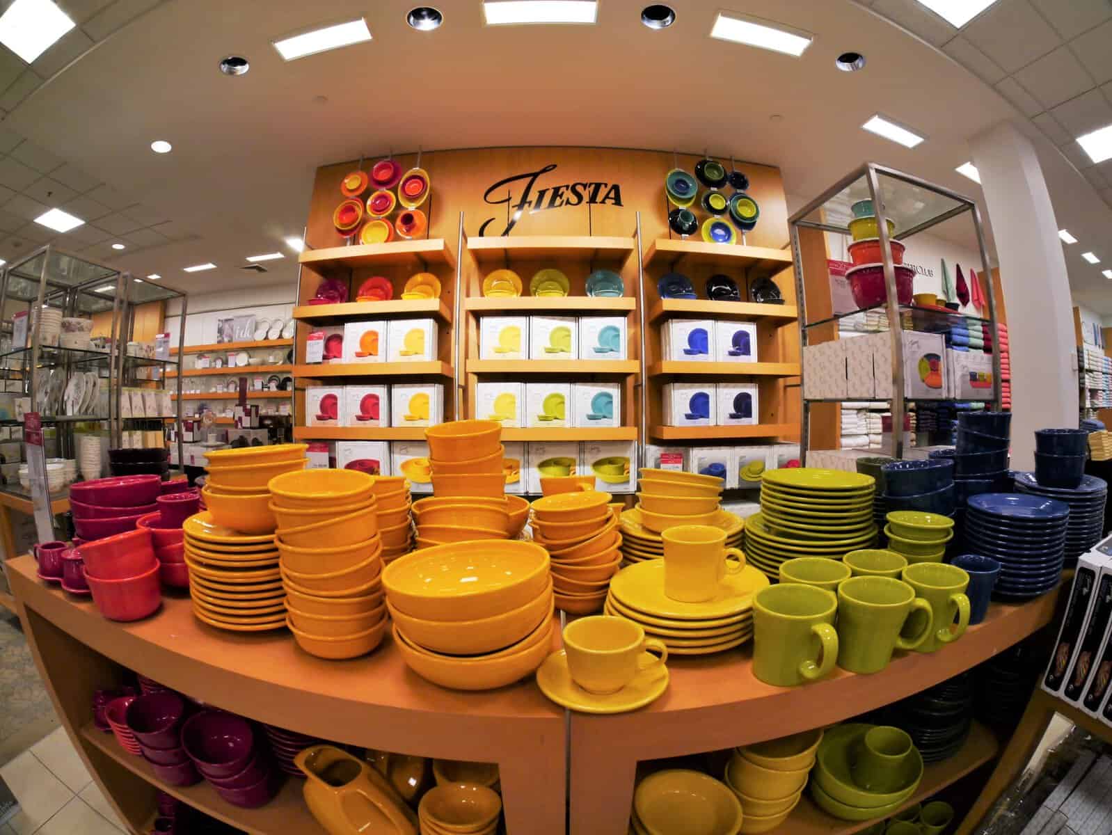 Fiesta Ware on display in a store. 