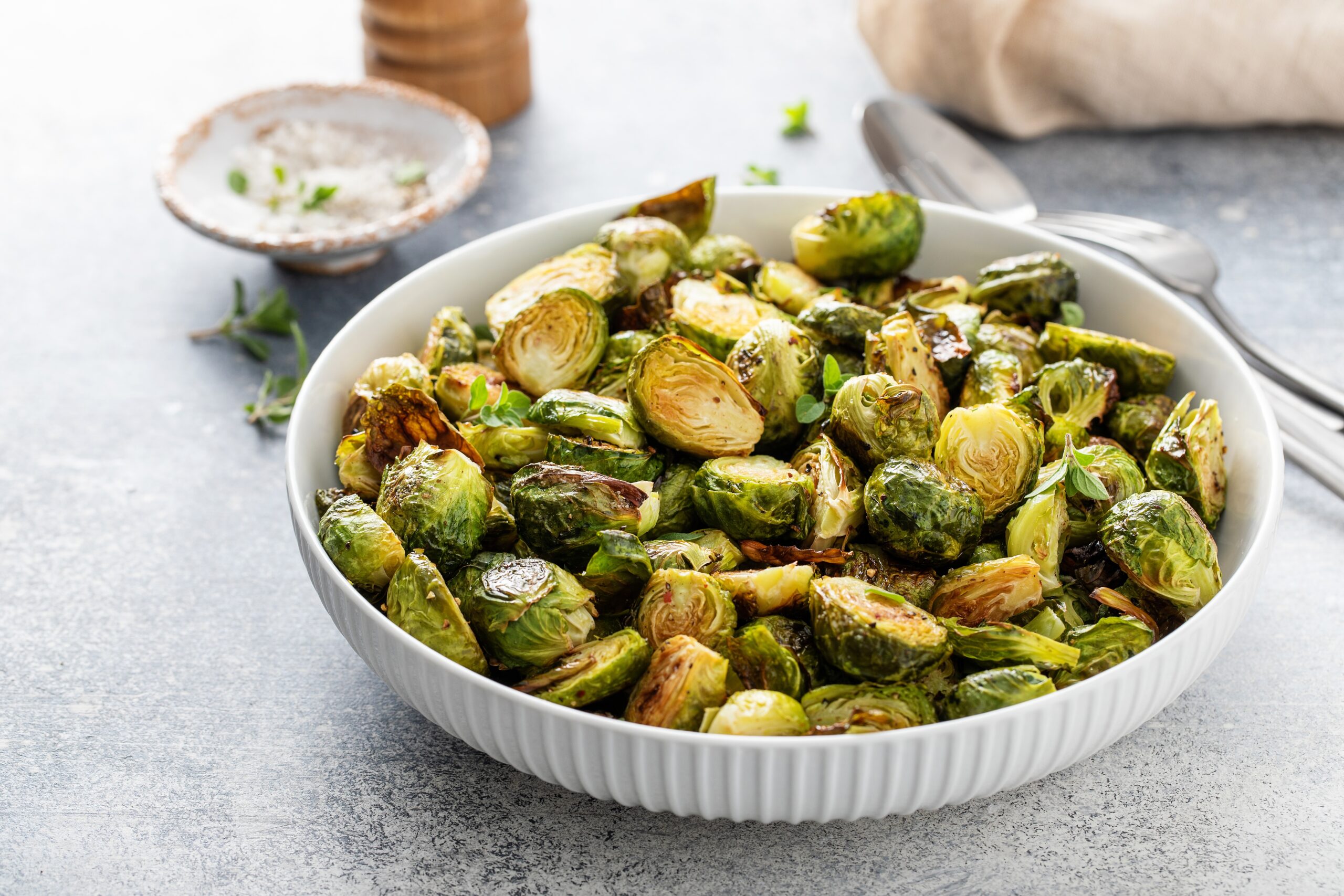 A delicious bowl of brussels sprouts.