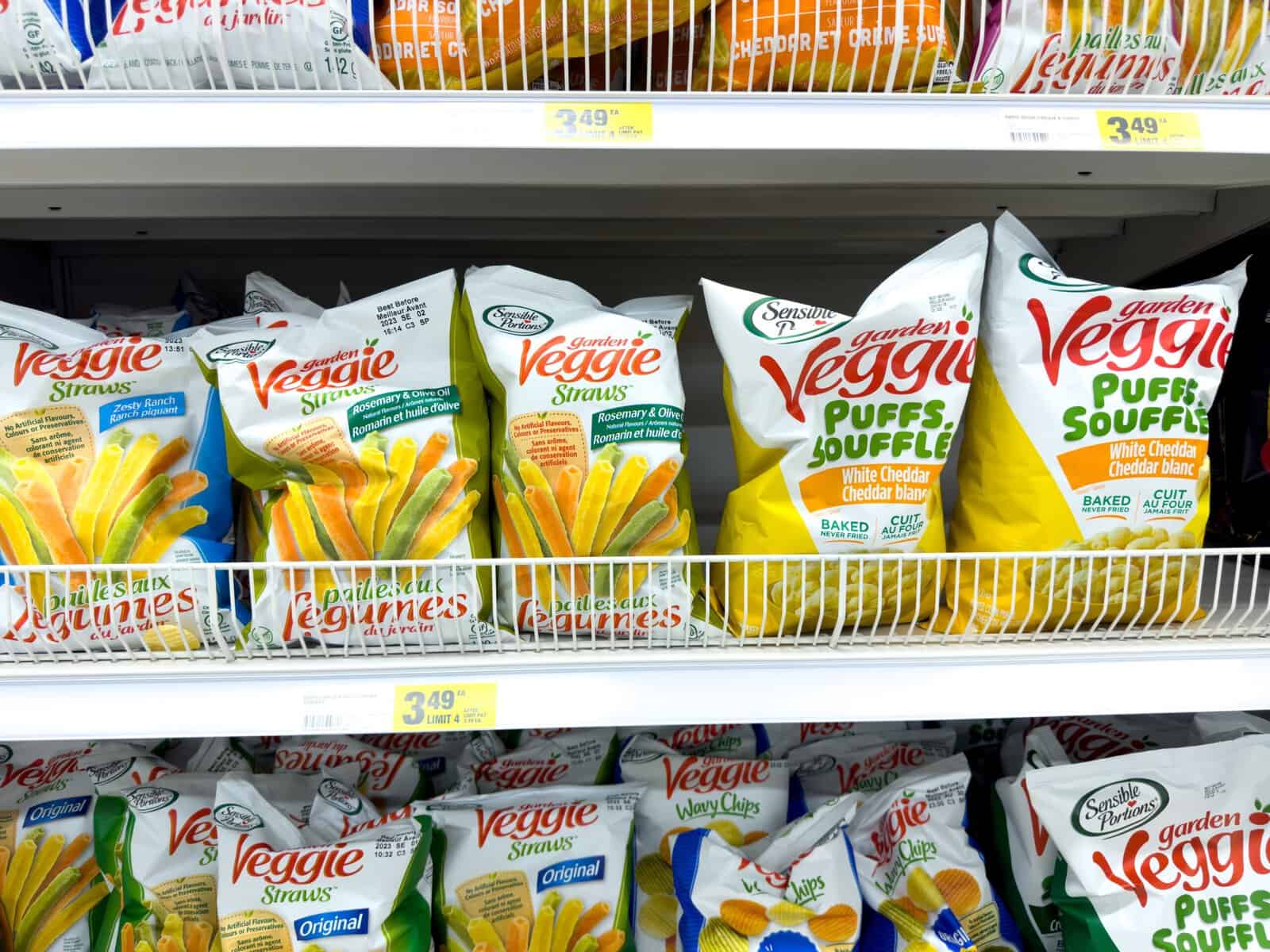 Veggie chips in the supermarket shelf.