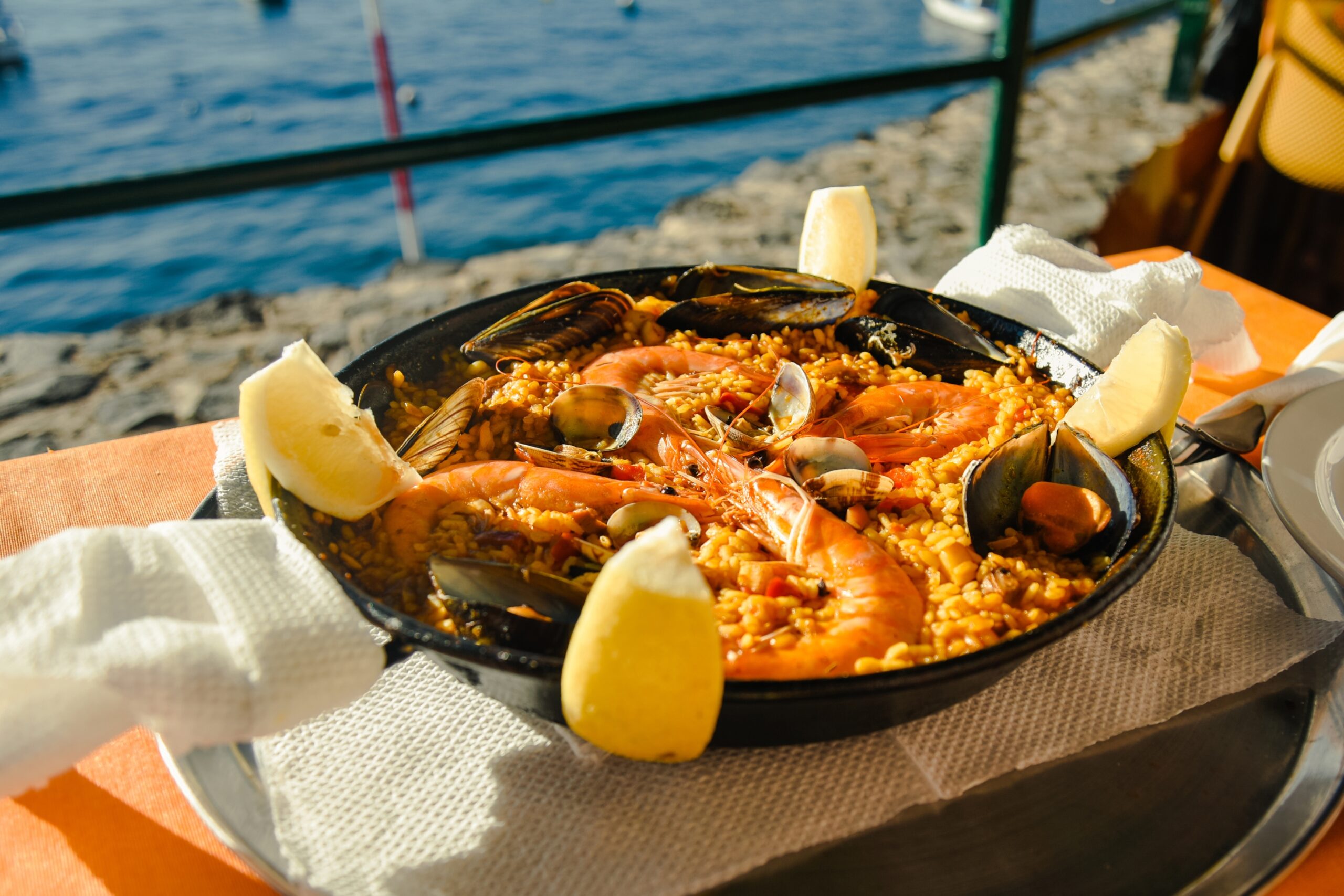 A big pan of seafood paella.