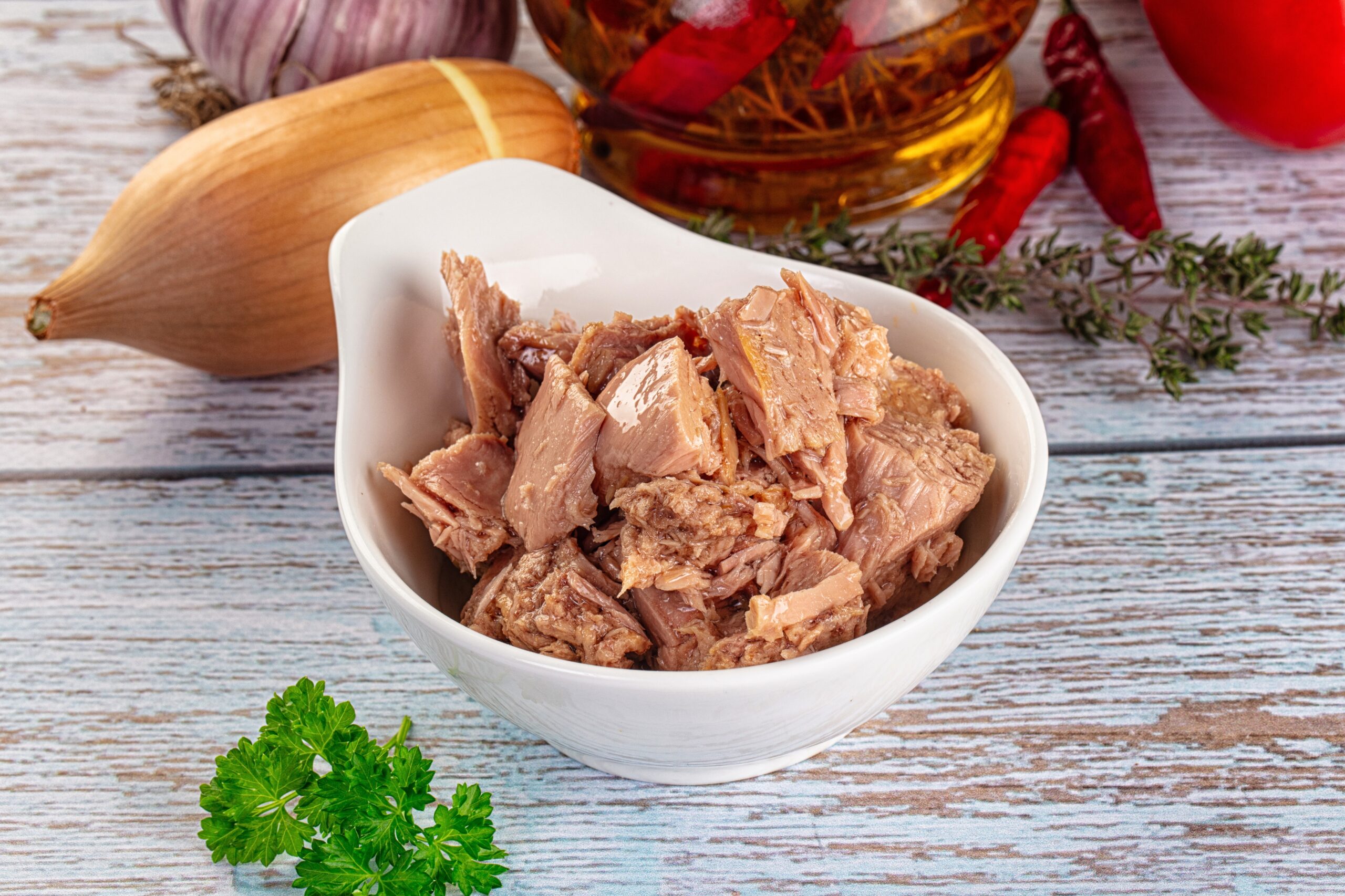 Canned tuna fish in a bowl.