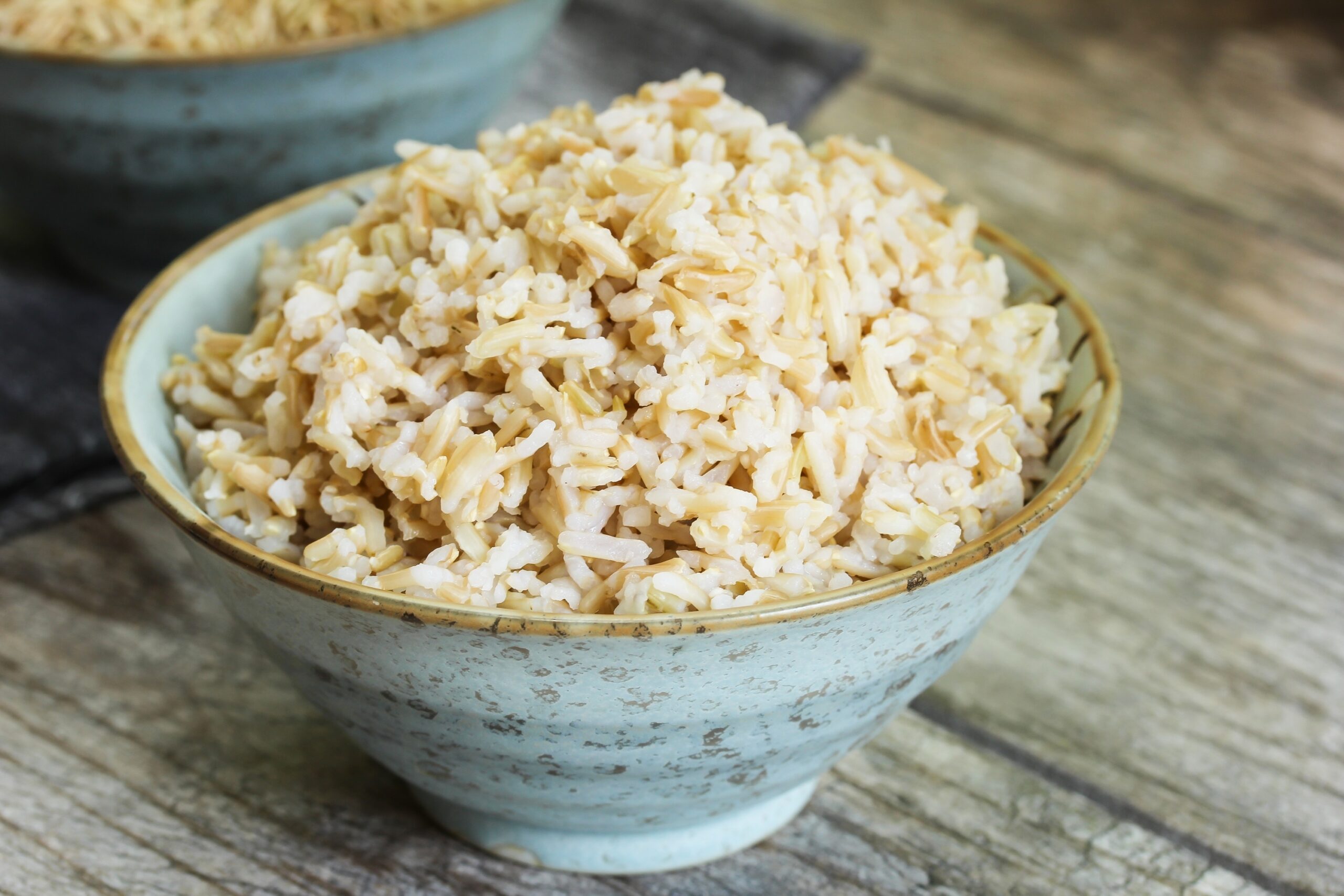 Cooked brown rice in a bowl.