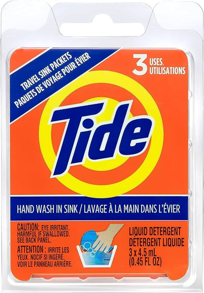 Tide travel-sized laundry detergent.