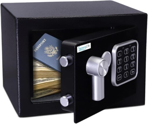 A hotel safe with money and a passport.