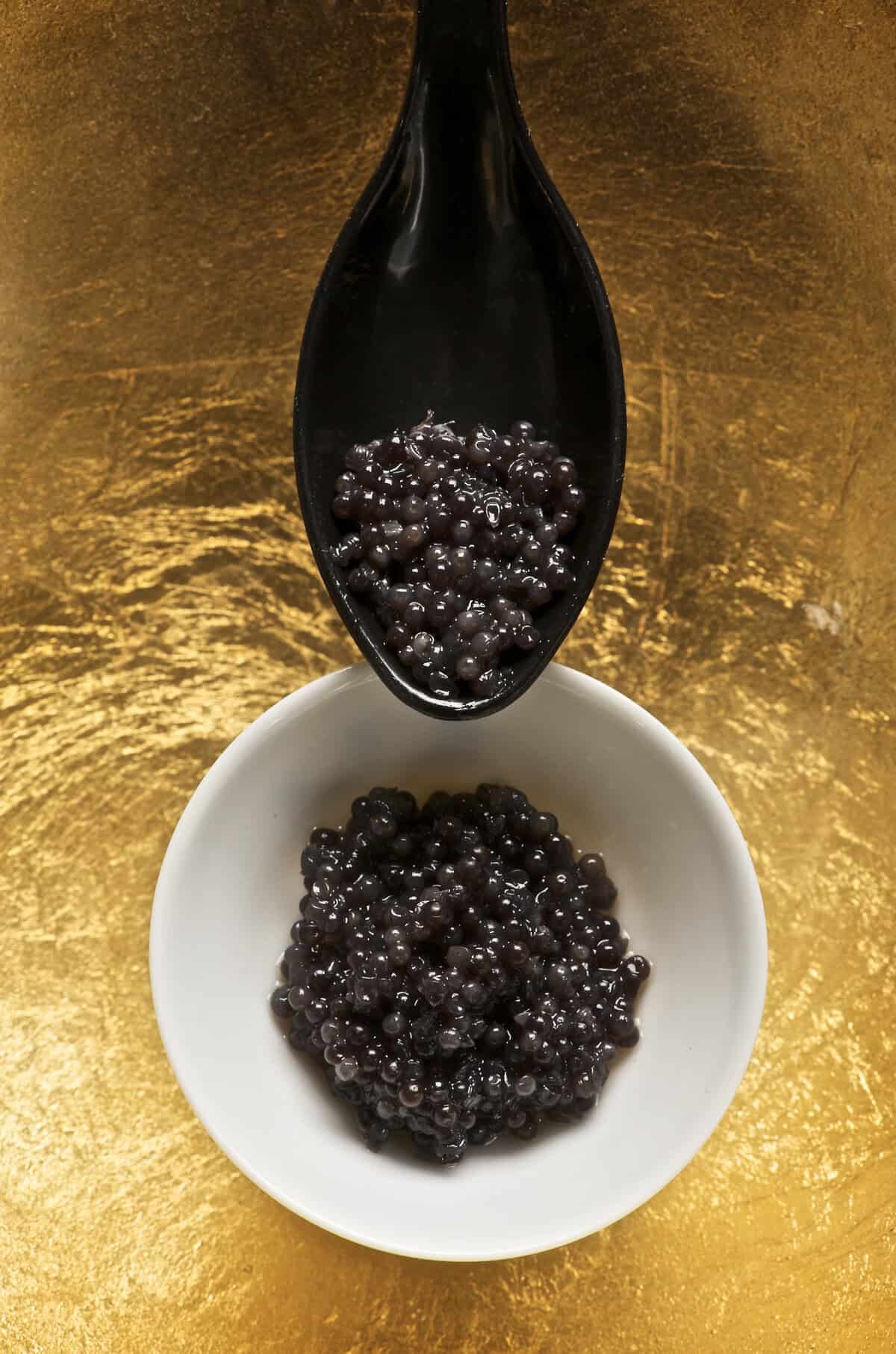Beluga caviar with a spoon.