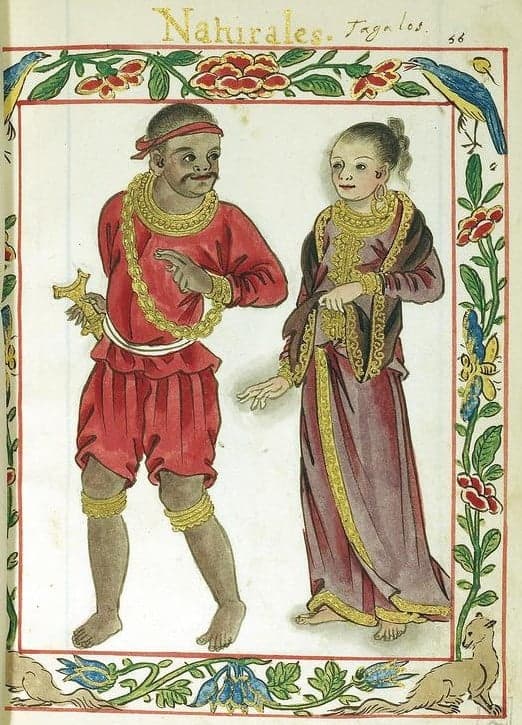 A couple portrayed in 1590's Early Spanish colonial period of the Philippines, draped in gold.