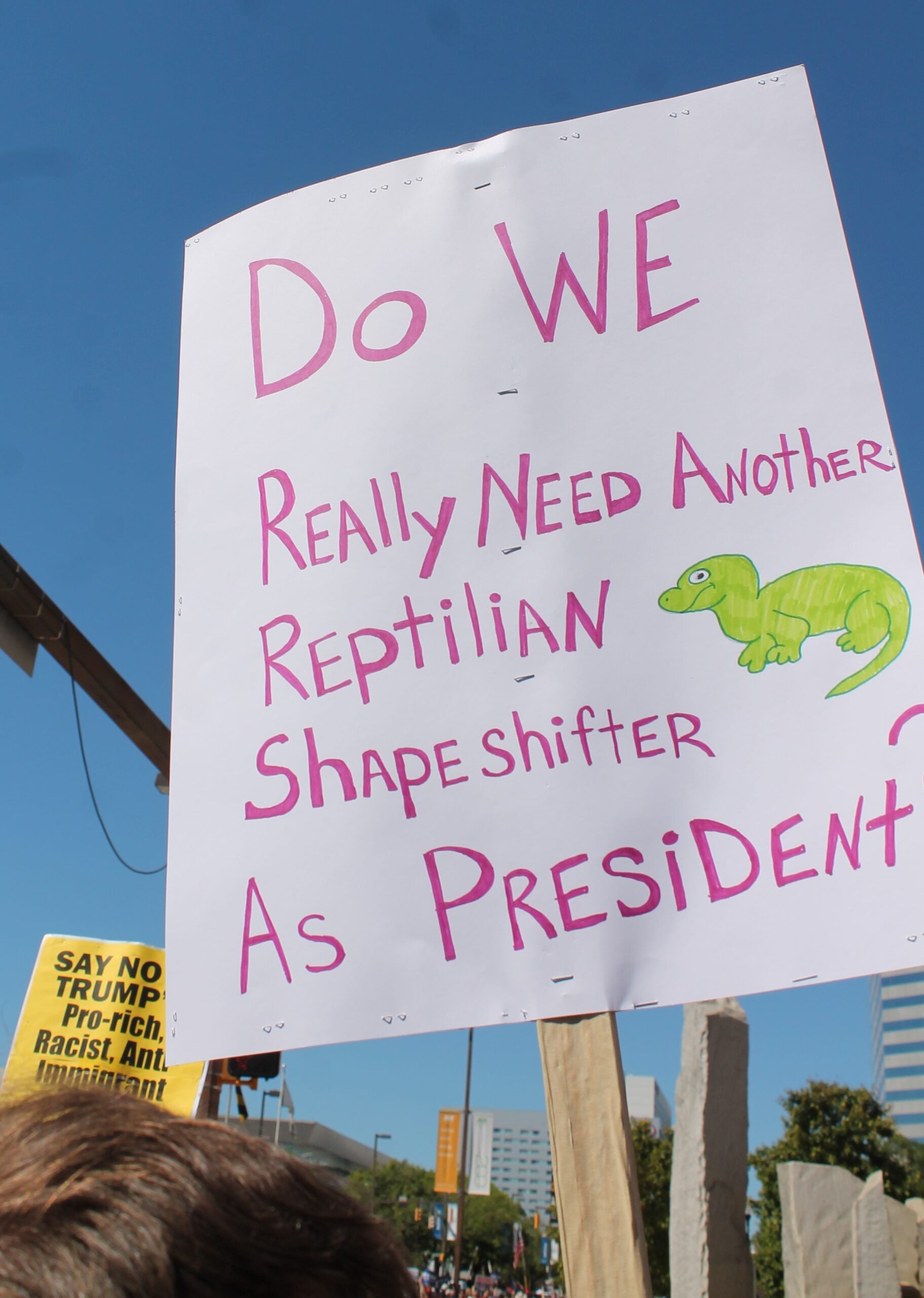 A protest sign referring to conspiracy theory about reptilian politicians