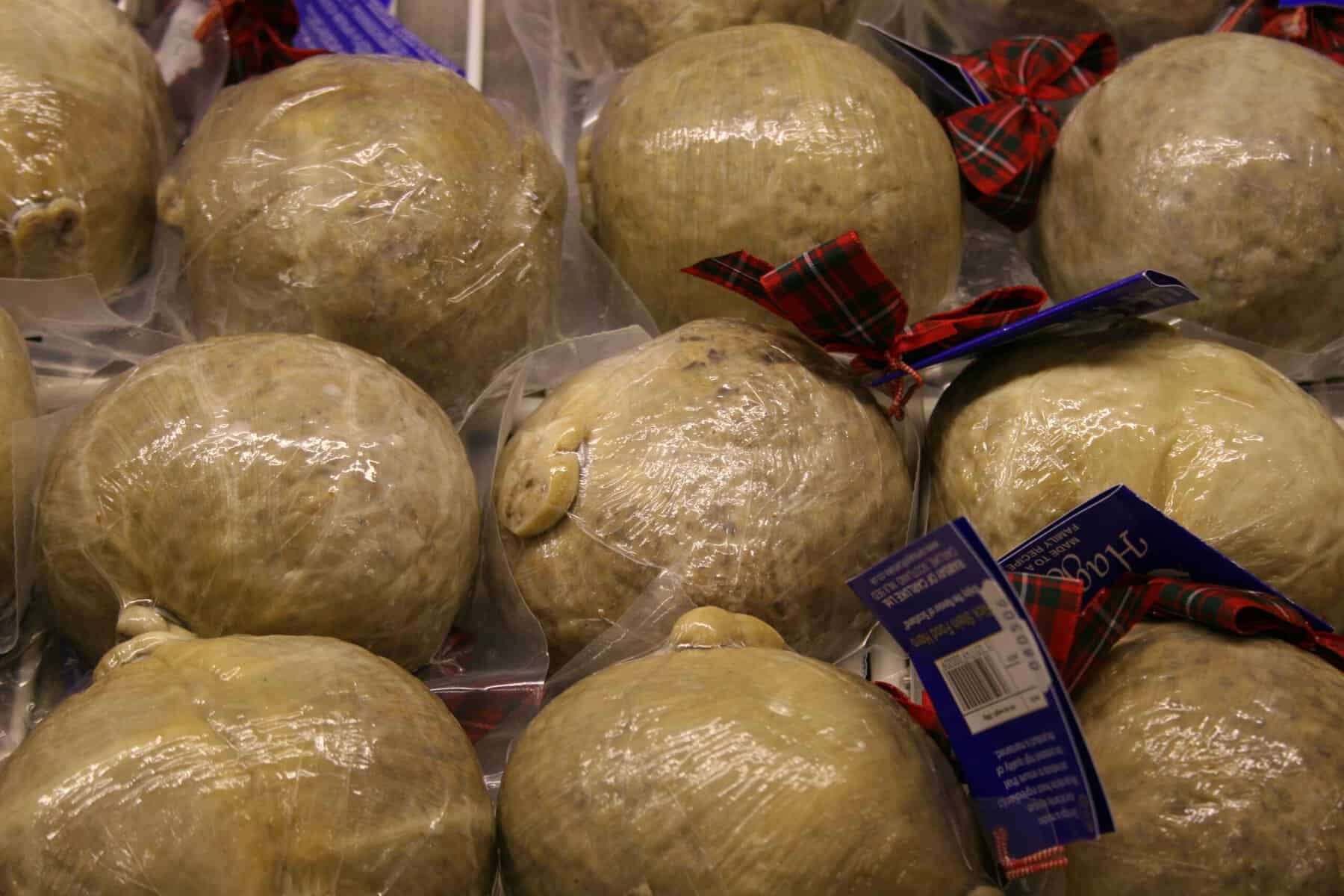 Haggis on sale in a Scottish market.