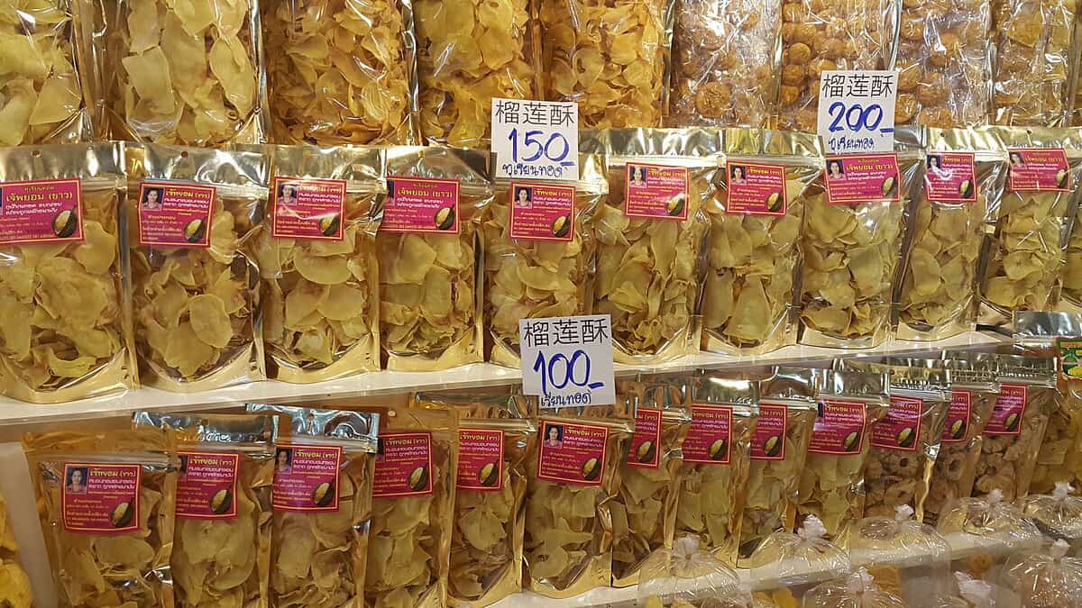 Durian chips in a market. 