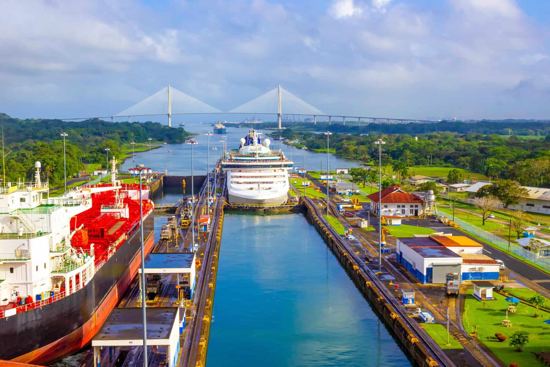 A view of ships in the Panama Canal. 