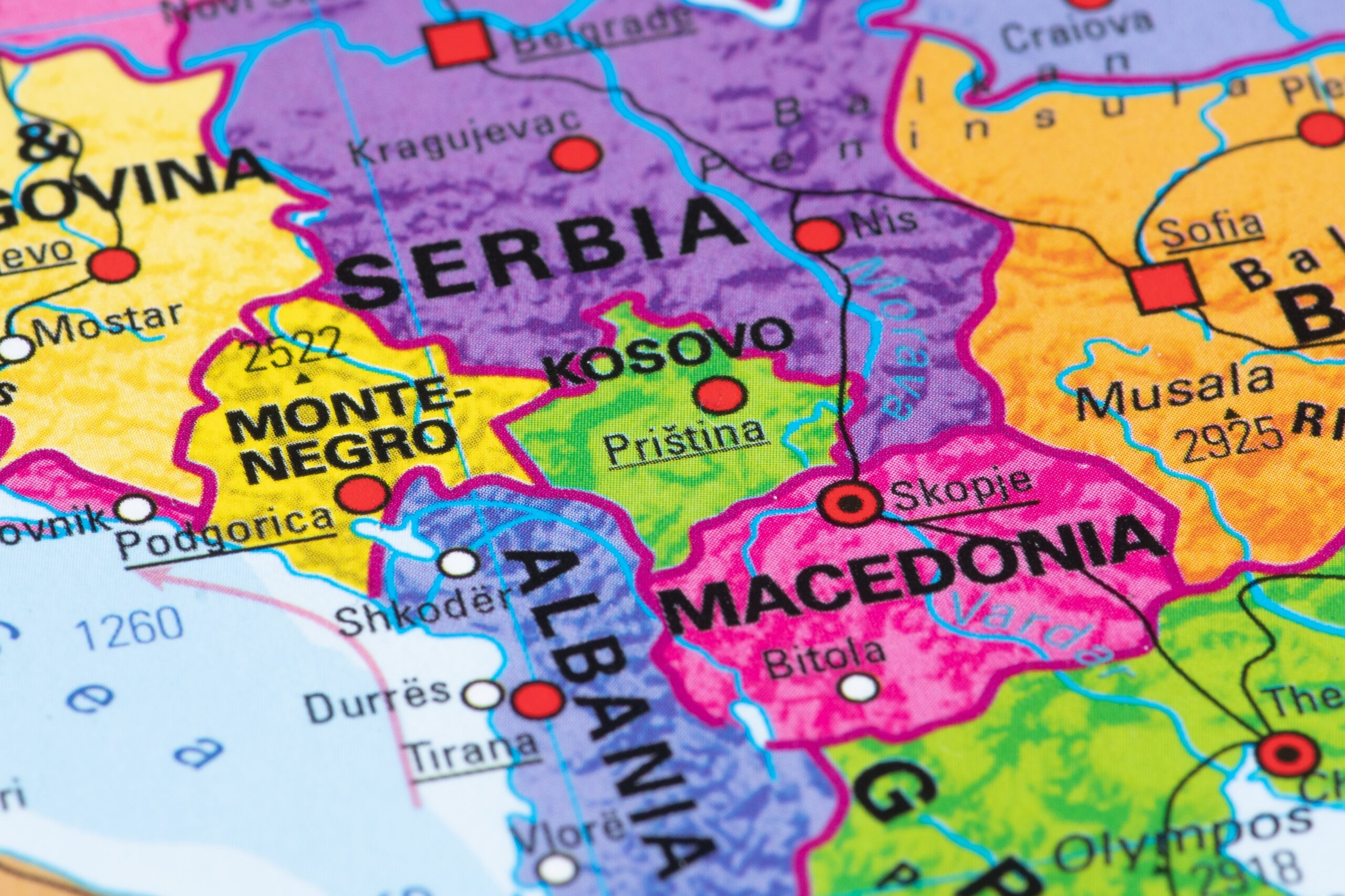 The Balkan countries on a map. 