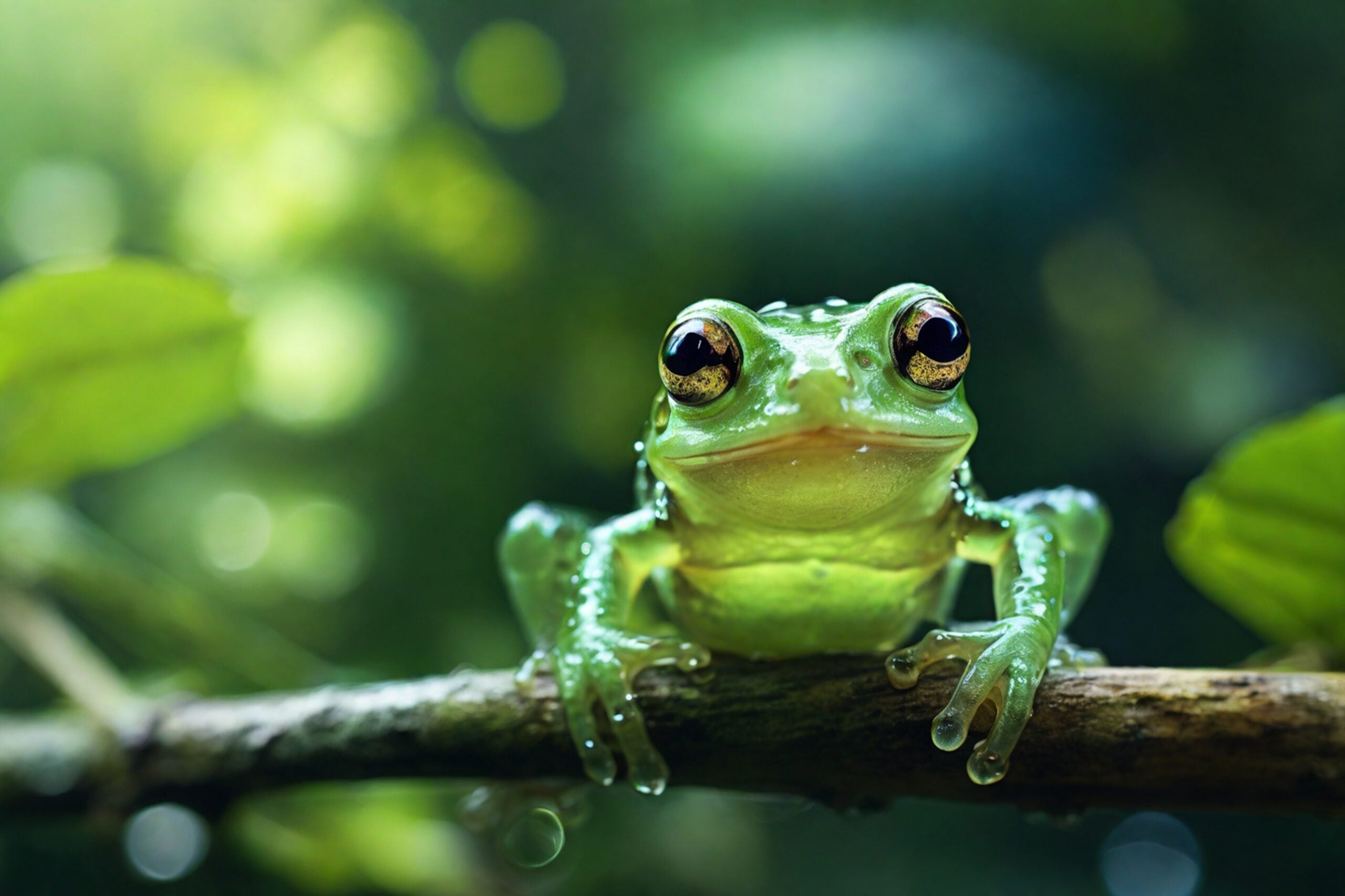 A green frog on a tree.