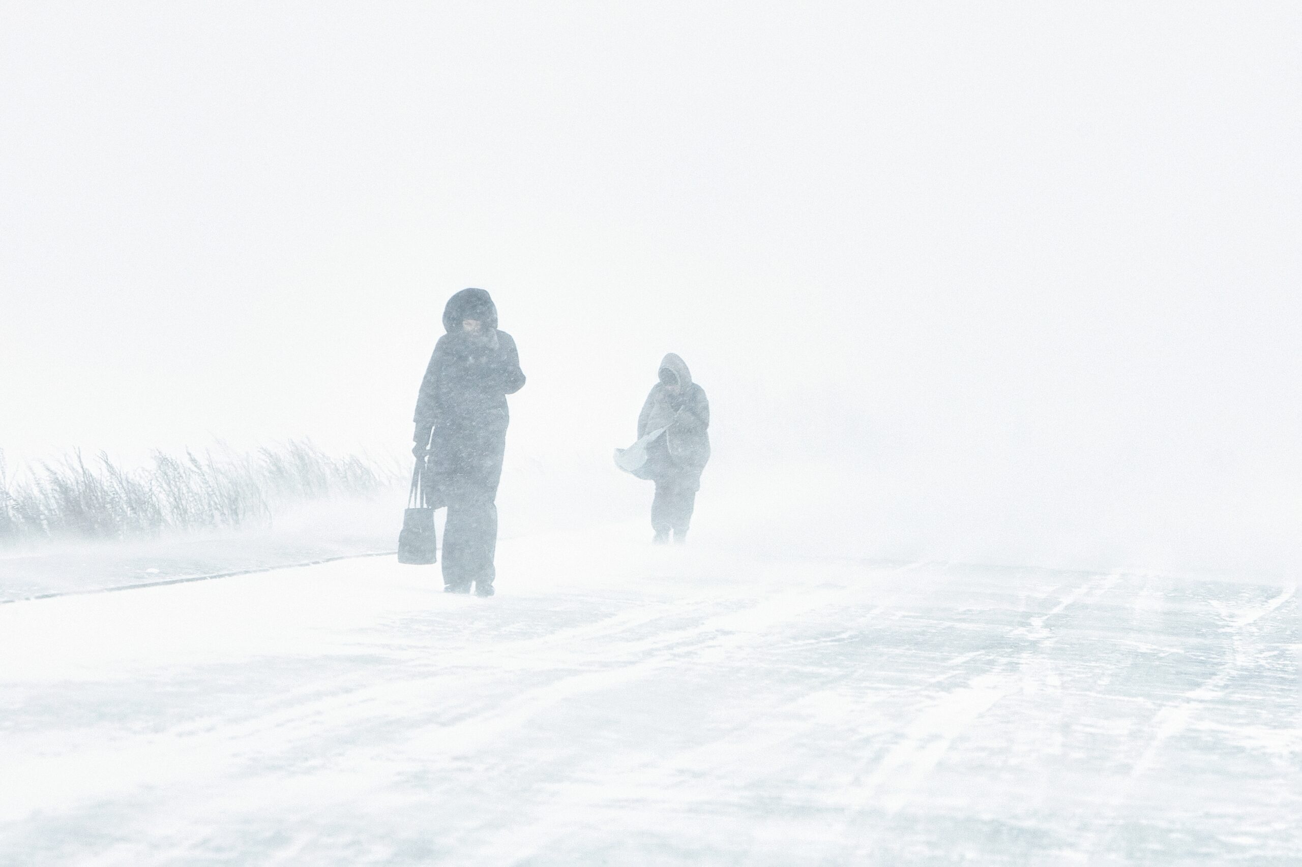 A blizzard with snow.