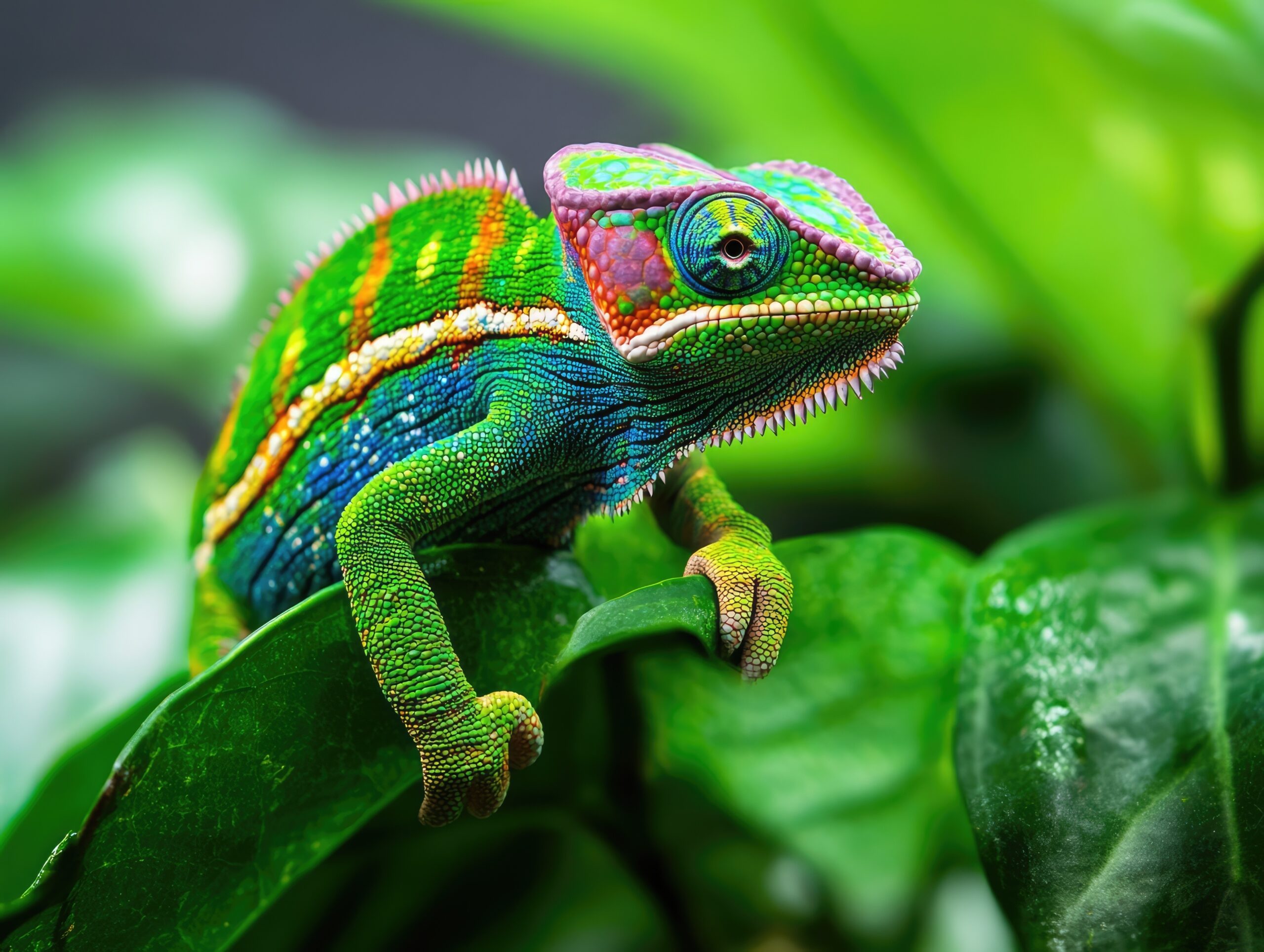 A brightly colored chameleon.