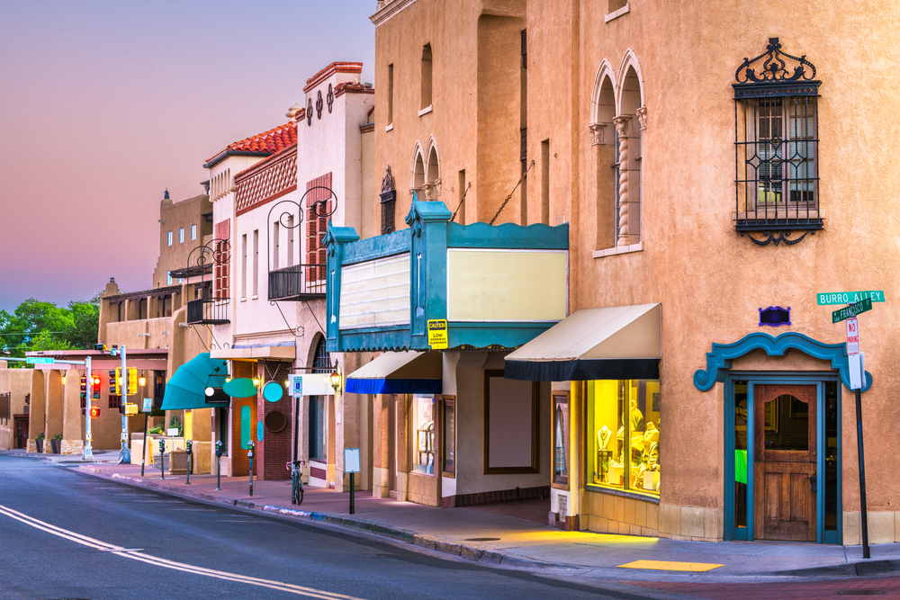 Santa Fe, New Mexico streets at dusk.