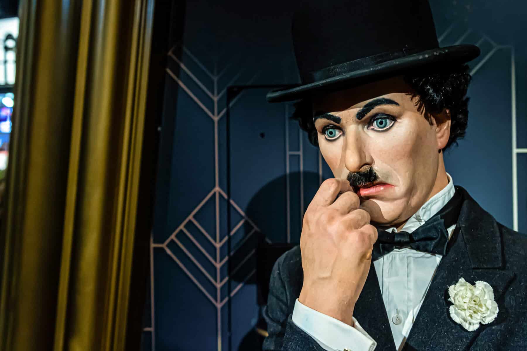 A wax statue of Charlie Chapman. 