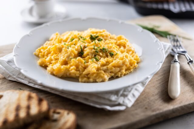 plate of freshly cooked scrambled eggs
