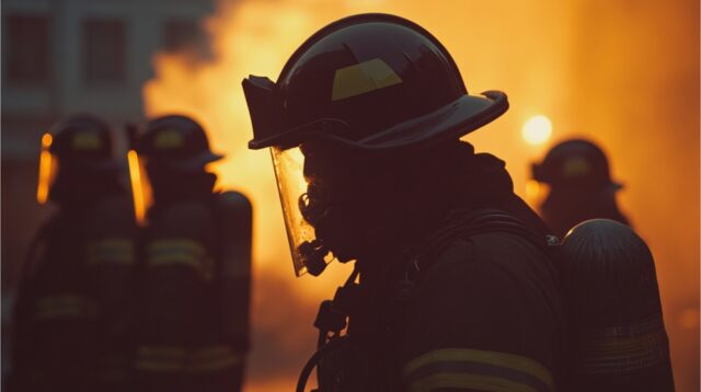 Firefighters, after extinguishing the fire.