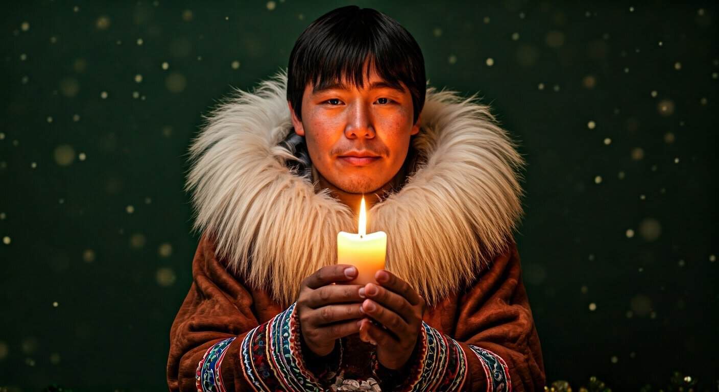 Native American Inuit Man holding a candle.