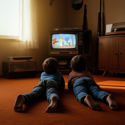 two young boys lying down in front of the tv, watching morning cartoons.