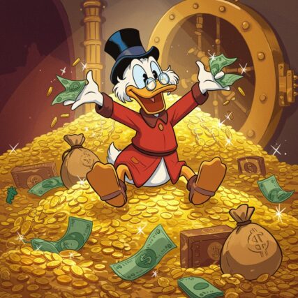 Cartoon image of Scrooge mcduck sitting in a pile of money.