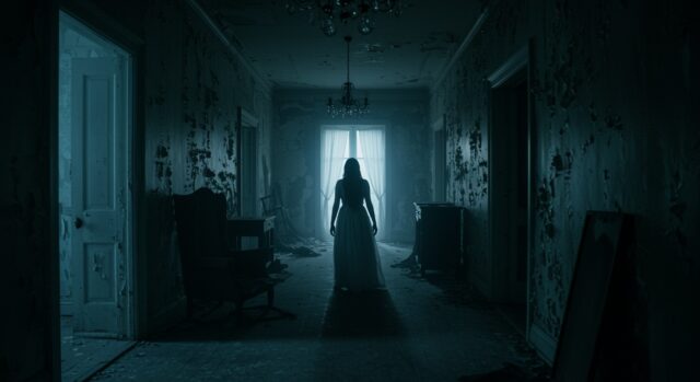 Abandoned dimly light house, with female figure standing near the window.
