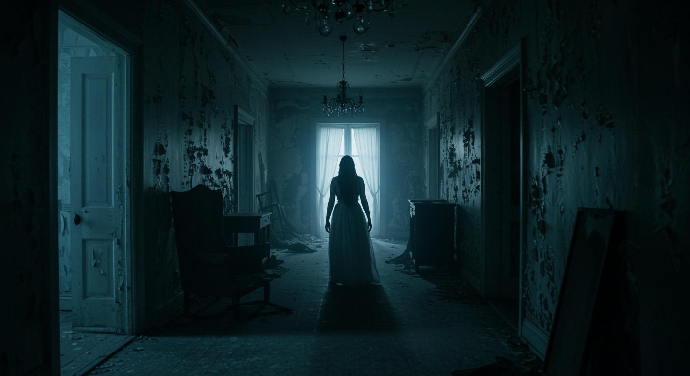 Abandoned dimly light house, with female figure standing near the window.