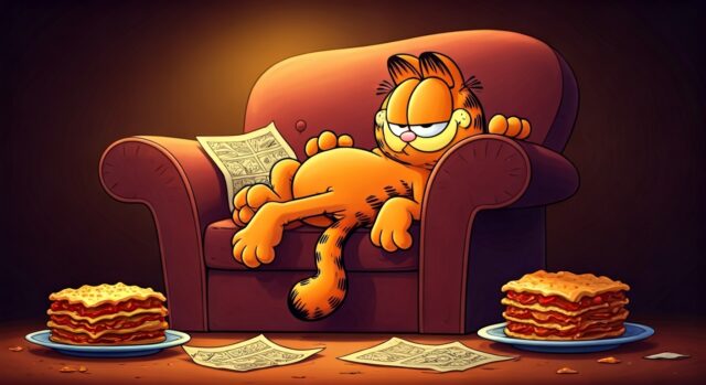 Cartoon Garfield lying on couch looking full, surrounded by plates of lasagna