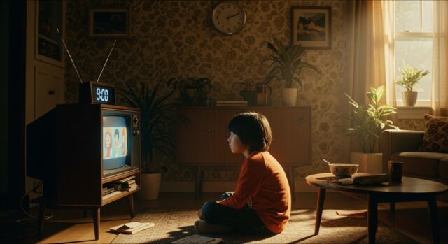 Young boy watching morning tv in retro loungeroom