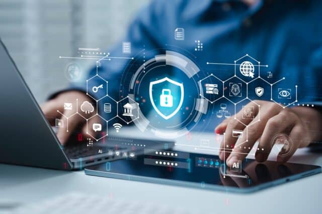 Cyber security and data protection concept on laptop computer.