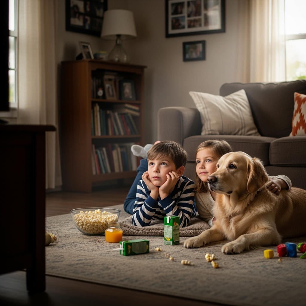 Children watching tv and eating snacks.