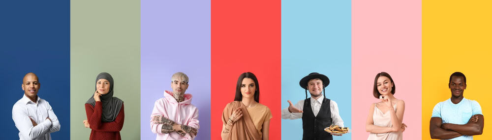 A collage of different people from different races against a color background