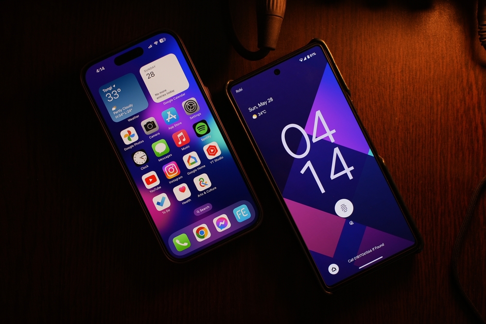 A locked iPhone screen placed side by side with an unlocked iPhone