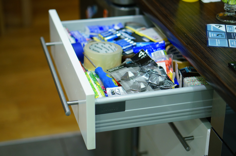 A kitchen junk drawer