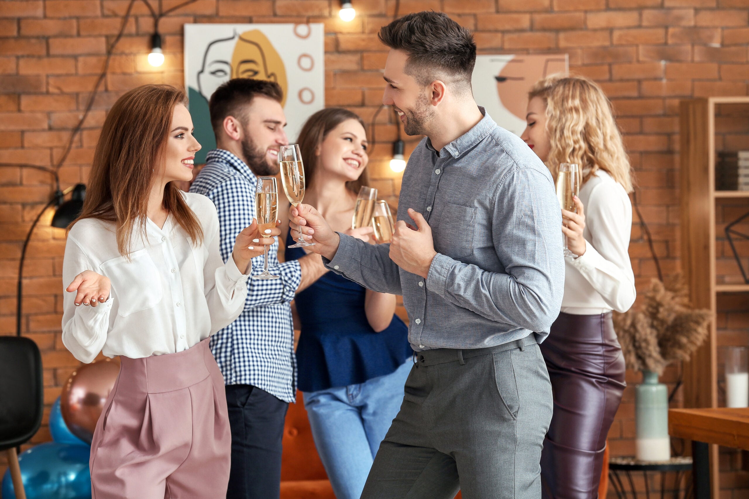 A charismatic woman mingling at a party.