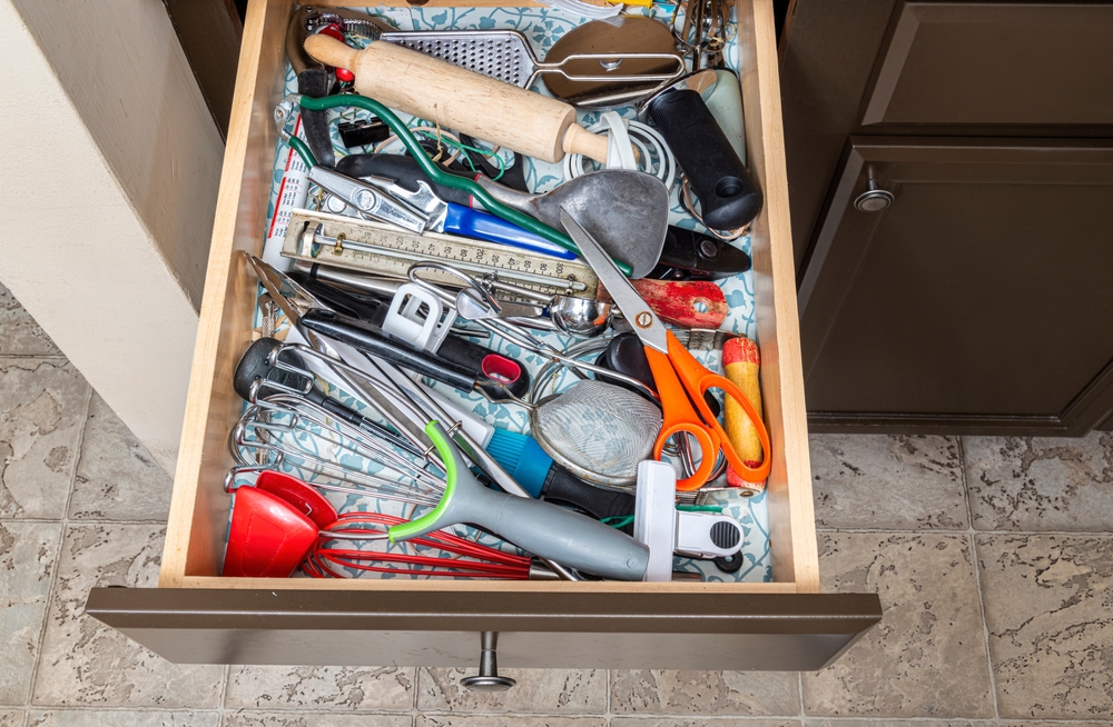 A kitchen junk drawer