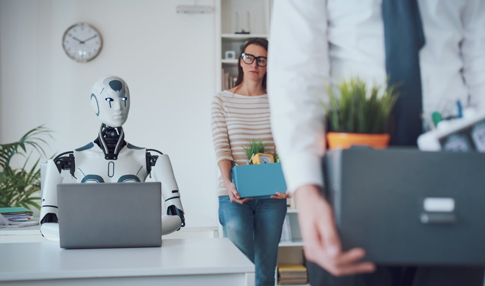 Two business people. man and a woman fired from their jobs after AI takes over