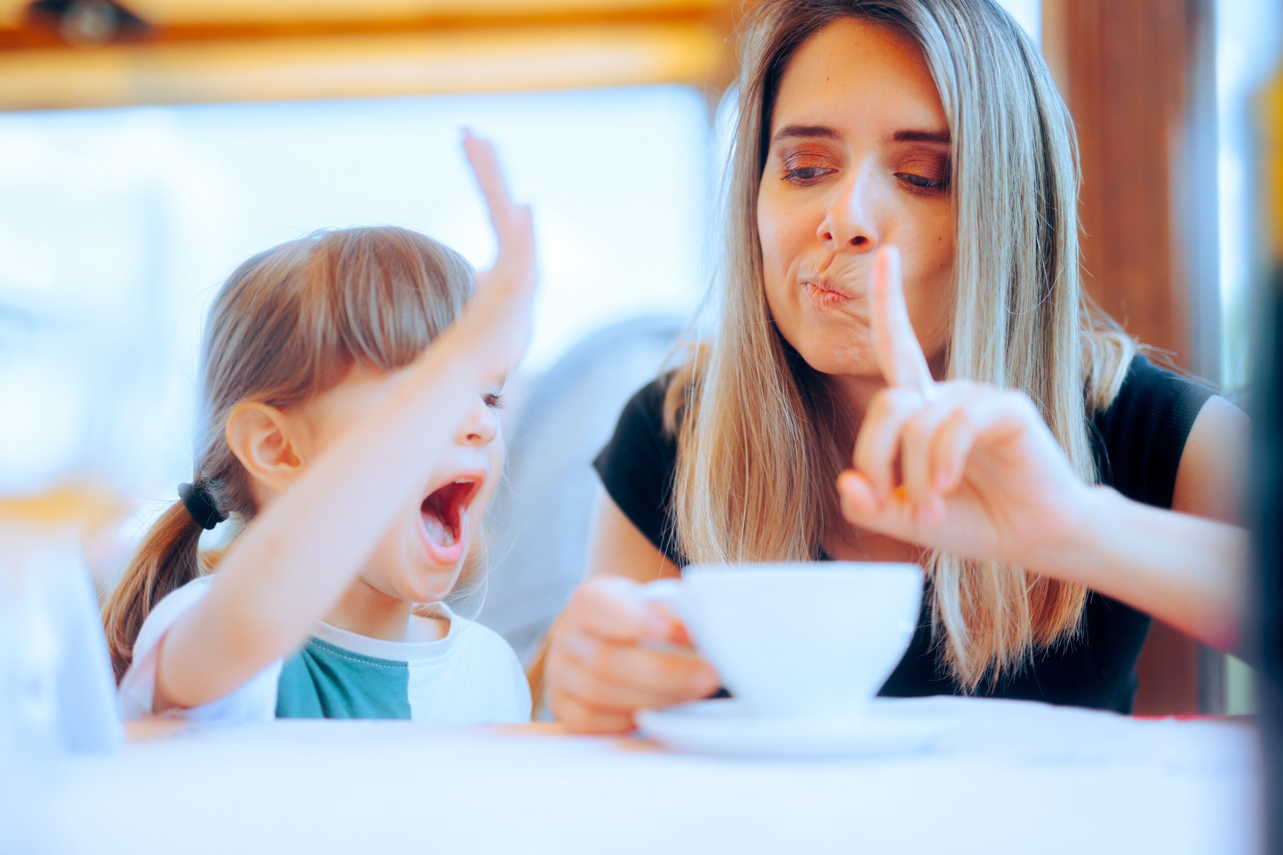 Mother saying no to young son.