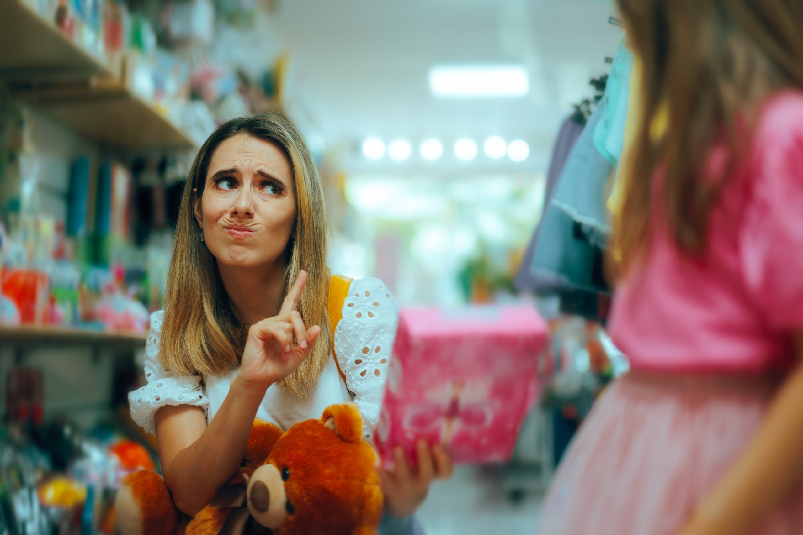 Mother saying "no" to her child at the store.