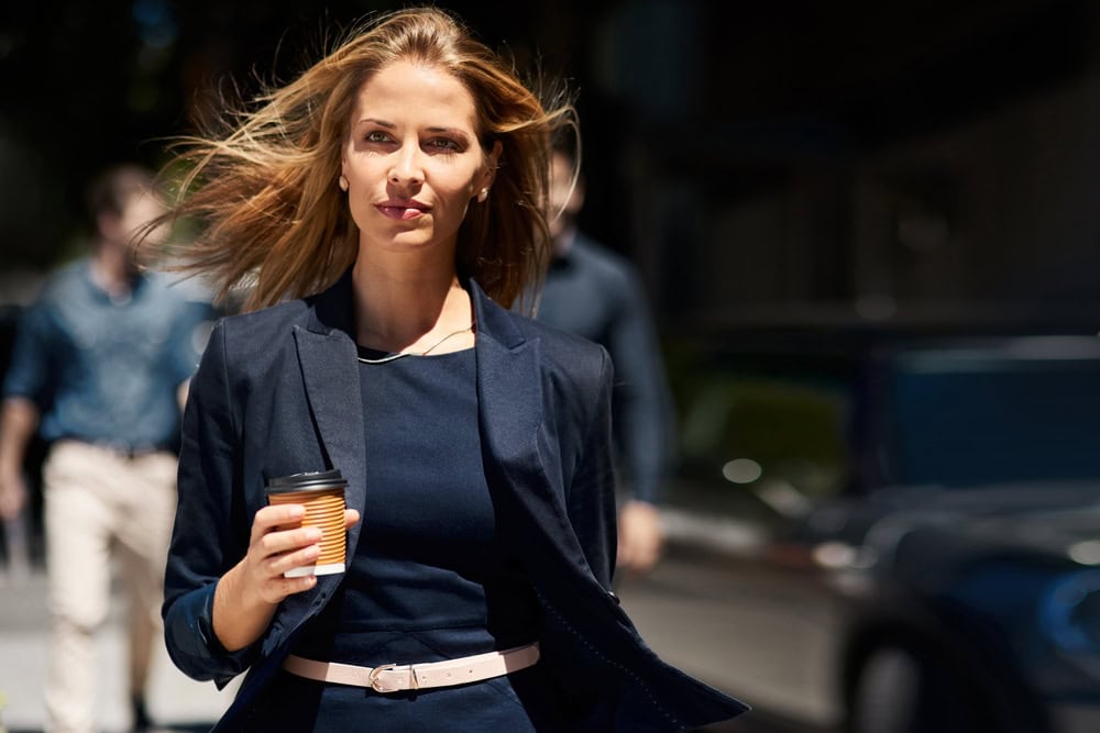 A businesswoman on a coffee run in between meetings. 