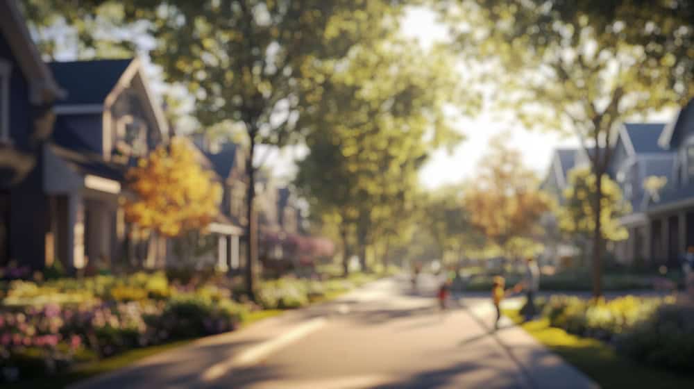 A beautiful tree-lined residential street with children playing outside.