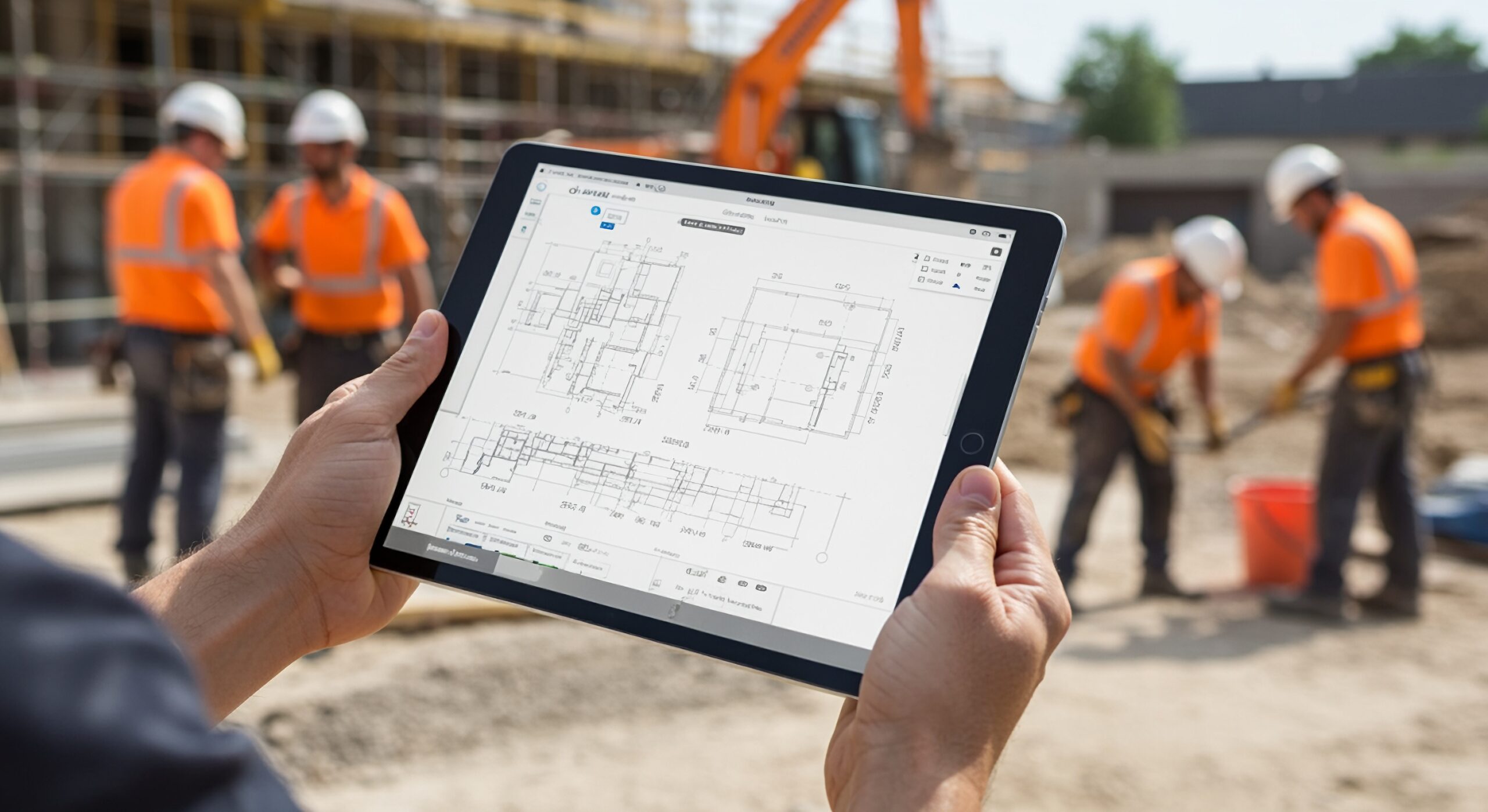 A construction foreman holding building plans on a tablet at the building site.