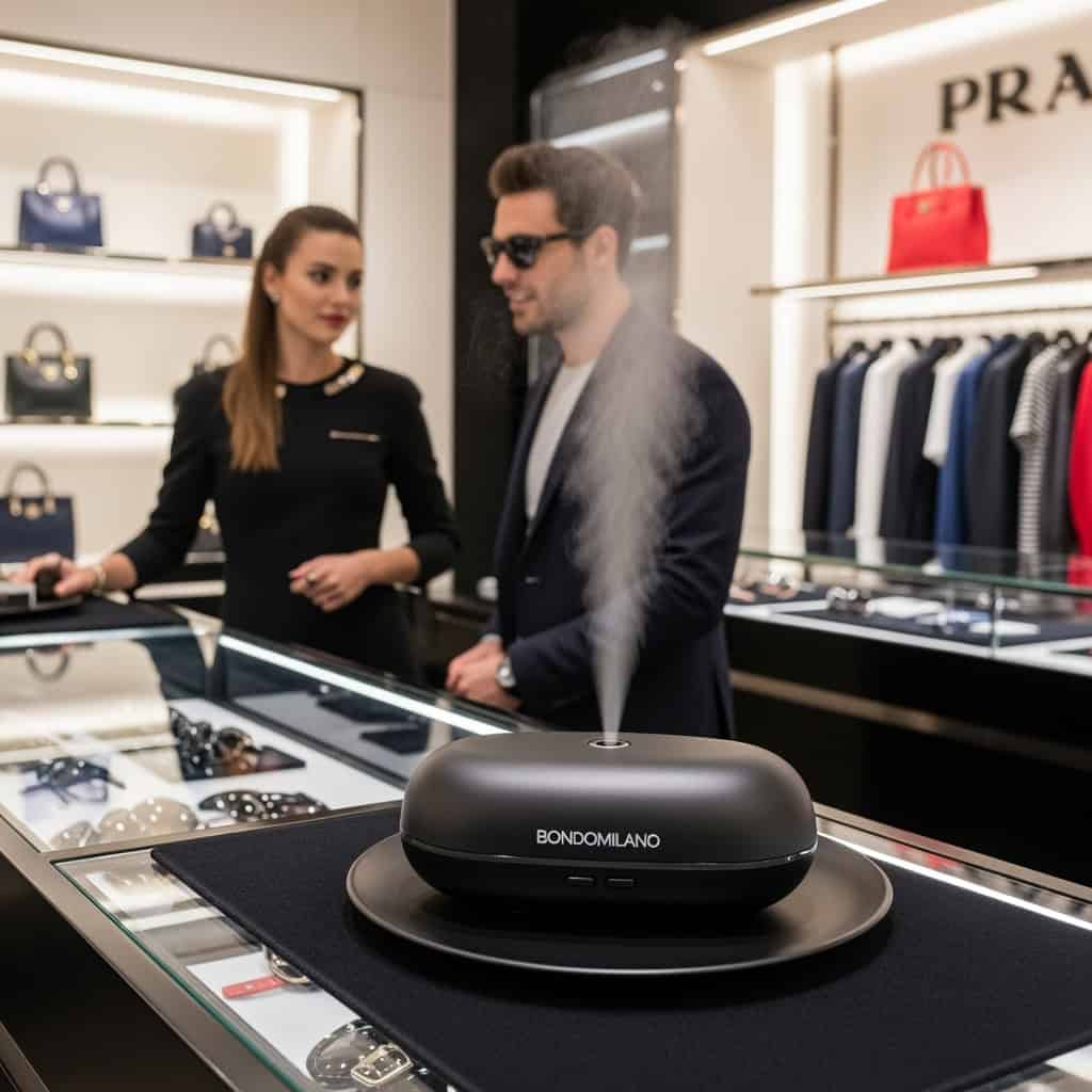 A customer trying on sunglasses in a Prada boutique.